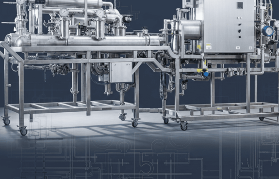 Integrated nitrogen humidification system mounted on a mobile pharmaceutical skid with stainless steel pipework, instrumentation and process equipment engineered by Premech.